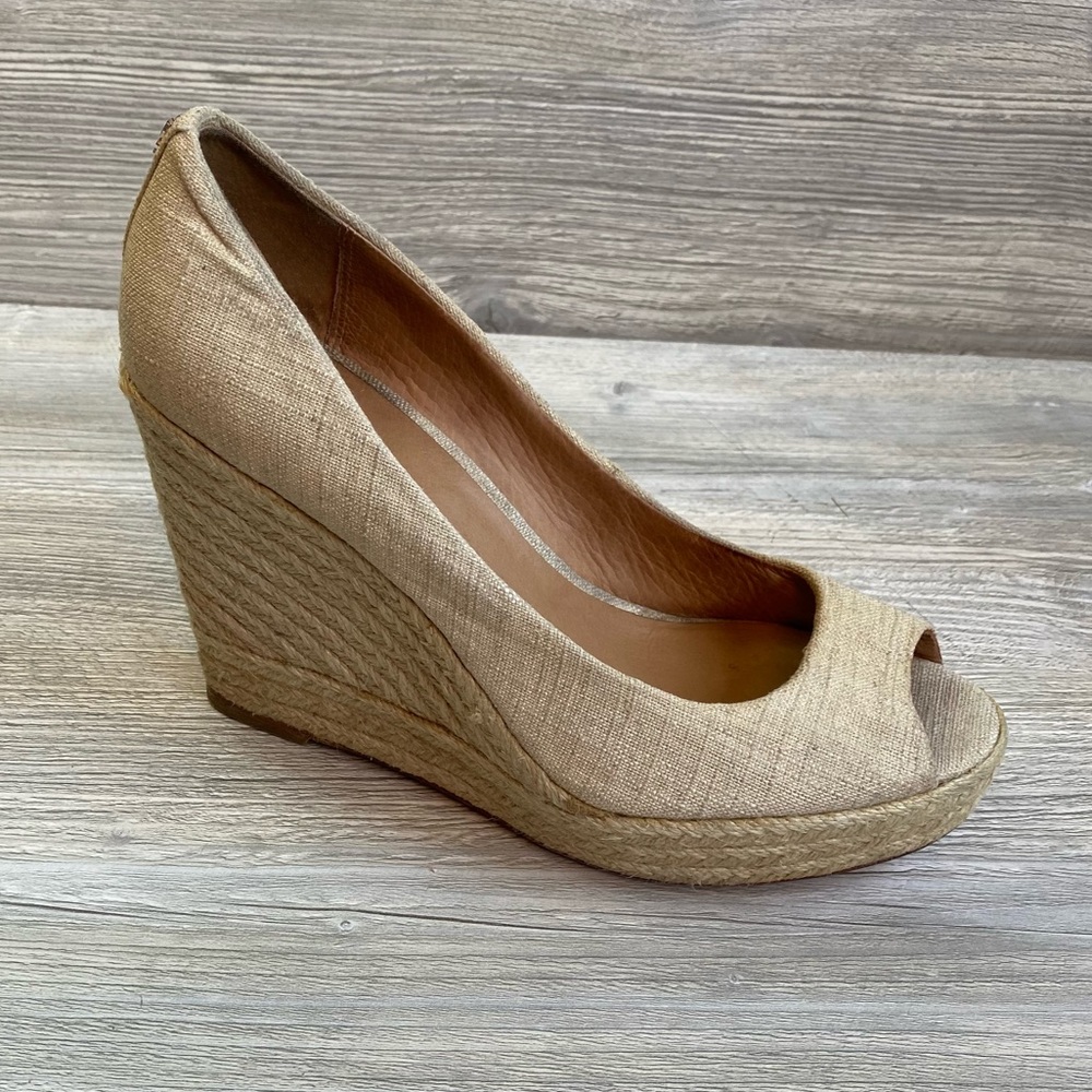 Coach natural Milan canvas linen open peep toe wedge Espadrille size 9.5